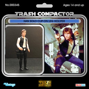 May include: Vintage "Trash Compactor" action figure of Han Solo with a clip-on leg holster. The packaging features a photo of the character holding a blaster. The figure is wearing a white shirt, black vest, and black pants. Ages 14 and up.