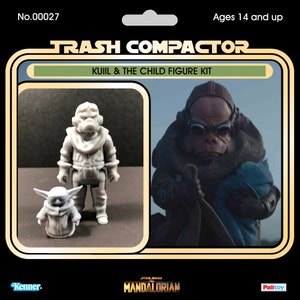 May include: A vintage-style action figure set featuring Kuiil and The Child from The Mandalorian. The packaging includes the text "TRASH COMPACTOR" and "KUIIL & THE CHILD FIGURE KIT". The figures are gray plastic. The packaging also includes the text "Ages 14 and up".