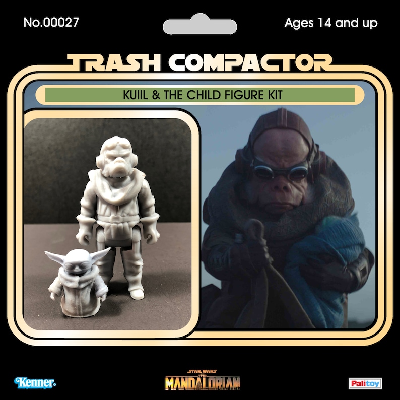 May include: A vintage-style action figure set featuring Kuiil and The Child from The Mandalorian. The packaging includes the text "TRASH COMPACTOR" and "KUIIL & THE CHILD FIGURE KIT". The figures are gray plastic. The packaging also includes the text "Ages 14 and up".