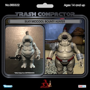 May include: A vintage-style action figure package featuring "SILKY MCCOOL BOUNTY HUNTER" from the "TRASH COMPACTOR" series. The figure is a light gray alien with a pig-like snout, wearing armor and a red belt. The package includes the text "Ages 14 and up."