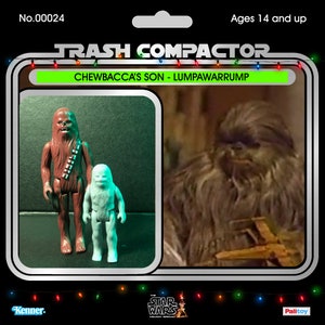 May include: Vintage action figure card featuring two figures: Chewbacca and his son, Lumpawarrump, from the Star Wars Holiday Special. The card reads "Trash Compactor" and "Chewbacca's Son - Lumpawarrump." The card is labeled "Ages 14 and up."
