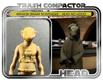 May include: Vintage action figure of a Reegesk (Ranat Scavenger - Head No Hood) character. The figure is light brown and features a detailed design. The packaging includes the text "TRASH COMPACTOR" and "Ages 14 and up."
