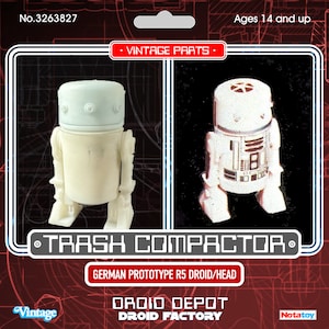 May include: Vintage toy package featuring two droid figures. The package reads "TRASH COMPACTOR" and "GERMAN PROTOTYPE R5 DROID/HEAD." The figures are white and cream-colored, with one having a light blue head. The package also includes the text "DROID DEPOT DROID FACTORY."