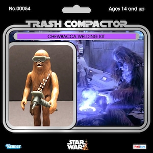May include: A vintage action figure package labeled "Trash Compactor" featuring a Chewbacca welding kit. The package includes an image of the Chewbacca figure and a scene of Chewbacca welding. The package is marked "Ages 14 and up."