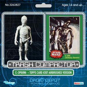 Könnte beinhalten: Eine Vintage Star Wars Sammelkarte mit C-3PO. Die Karte enthält ein Bild von C-3PO und den Text "TRASH COMPACTOR". Die Karte stammt aus der Droid Depot-Kollektion und ist eine Airbrush-Version.