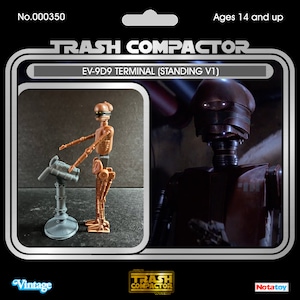 May include: A vintage-style action figure package featuring a brown EV-9D9 Terminal robot toy. The package includes the text "TRASH COMPACTOR" and "EV-9D9 TERMINAL (STANDING V1)". The toy is a collectible item, suitable for ages 14 and up.