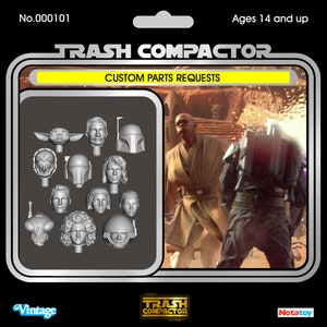 Puede incluir: Una tarjeta de estilo vintage con el texto "TRASH COMPACTOR" y "CUSTOM PARTS REQUESTS". La tarjeta muestra varias cabezas de personajes, incluyendo un casco mandaloriano y una cabeza de Grogu. El fondo muestra una escena de una película.