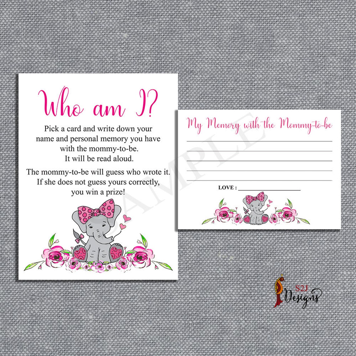 Who Am I Game Pink Elephant Themed Who Am I Baby Shower Game Etsy