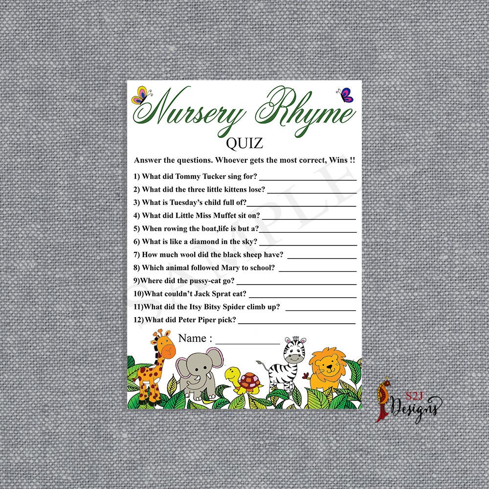 Nursery Rhyme Quiz Printable Jungle Safari Baby Shower Game Etsy