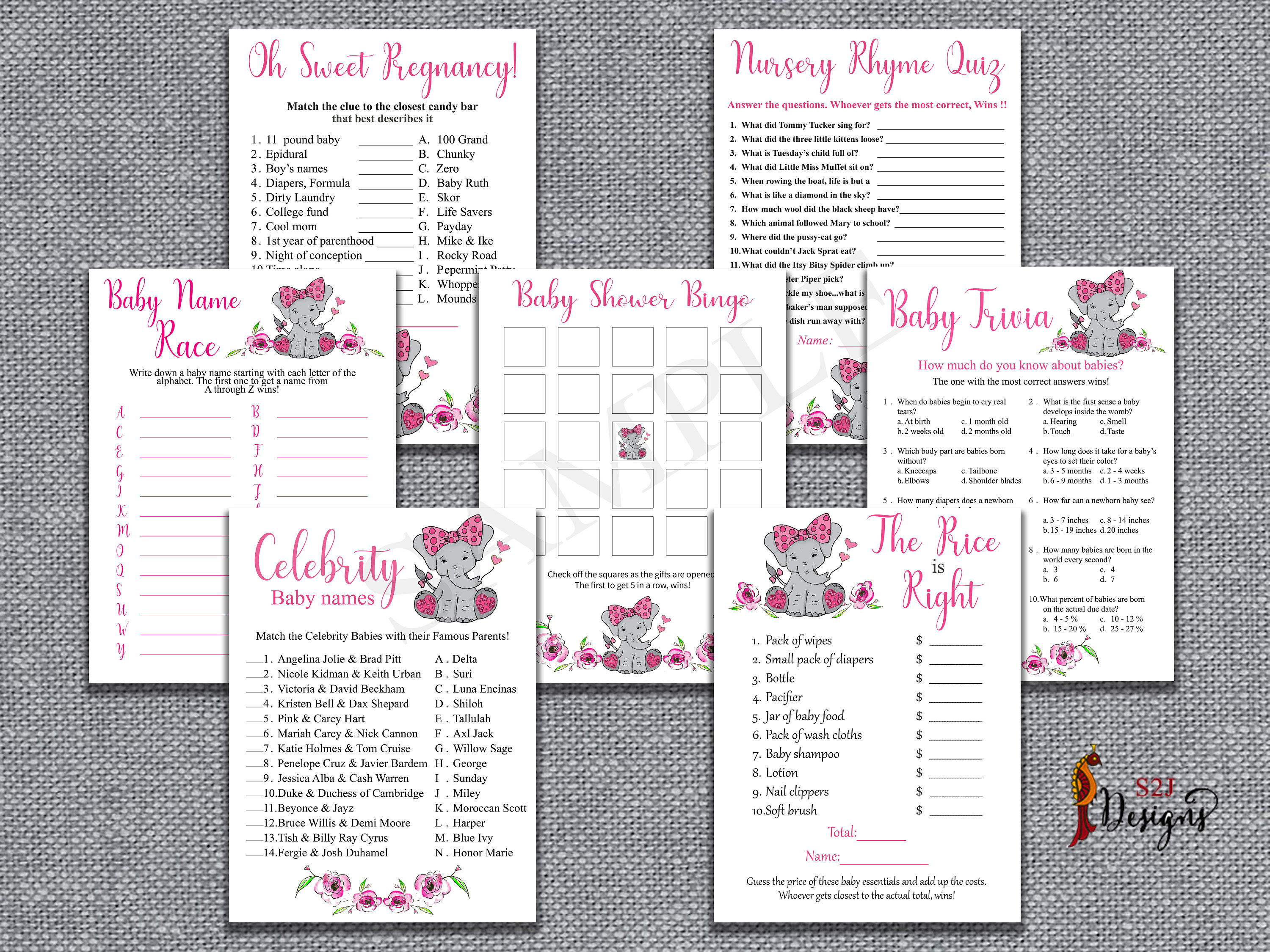 Baby Shower Combo Pack Pink Elephant Themed Baby Shower Games Etsy