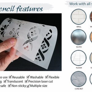 May include: A white plastic stencil featuring a floral design. The stencil is flexible, washable, reusable, and food-safe. It is also precision laser cut and comes in multiple sizes. The stencil is being held by a hand and is shown against a black background. The text "Stencil features" is visible at the top of the image. The image also shows examples of surfaces the stencil can be used on, including walls, wood, glass, paper, floors, fabric, concrete, and baking.