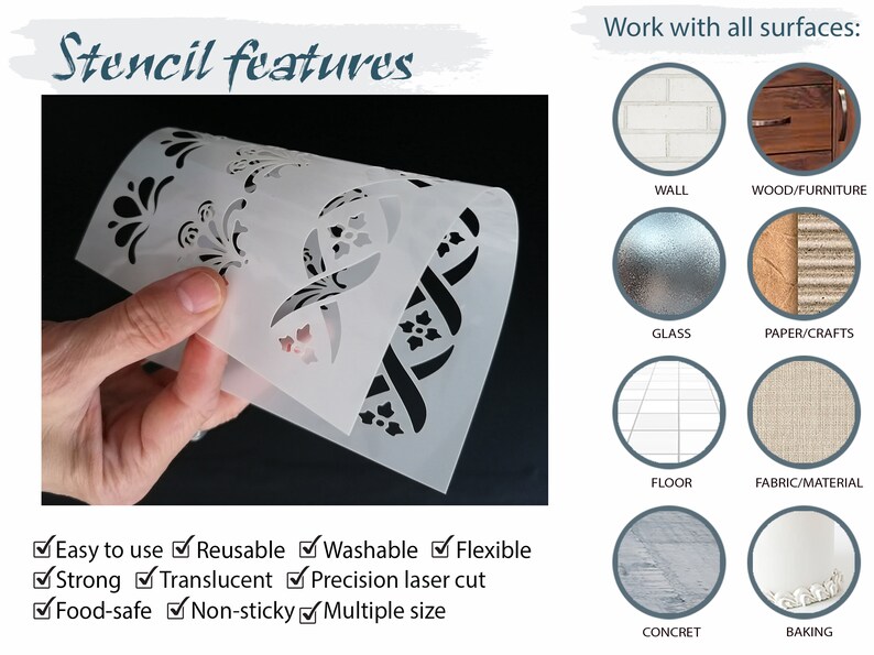 May include: A white plastic stencil featuring a floral design. The stencil is flexible, washable, reusable, and food-safe. It is also precision laser cut and comes in multiple sizes. The stencil is being held by a hand and is shown against a black background. The text "Stencil features" is visible at the top of the image. The image also shows examples of surfaces the stencil can be used on, including walls, wood, glass, paper, floors, fabric, concrete, and baking.