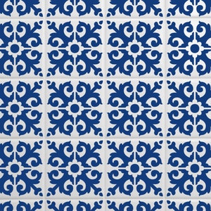 May include: A seamless pattern of blue and white tiles with a decorative floral design. The tiles are arranged in a grid pattern.