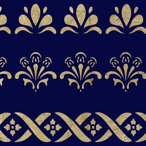 May include: A seamless pattern with three rows of gold floral designs on a dark blue background. The top row features a simple floral design, the middle row features a more elaborate floral design, and the bottom row features a repeating pattern of interlaced vines with floral accents.