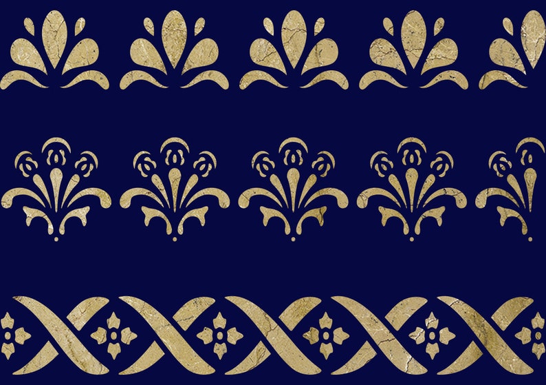 May include: A seamless pattern with three rows of gold floral designs on a dark blue background. The top row features a simple floral design, the middle row features a more elaborate floral design, and the bottom row features a repeating pattern of interlaced vines with floral accents.