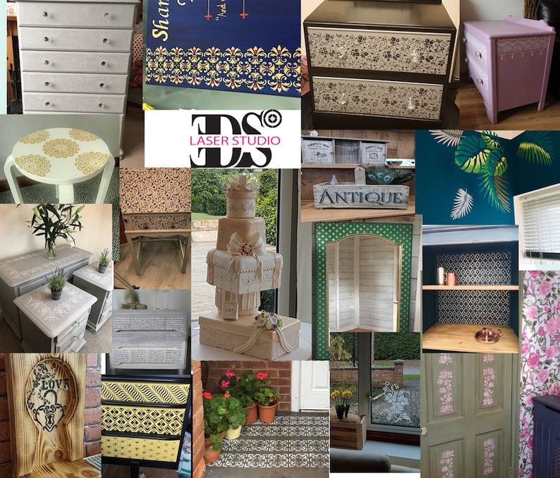 May include: A collage of images showcasing various laser cut stencils and their applications. The stencils are used to create decorative patterns on furniture, walls, and other surfaces. The images include a variety of styles, including floral, geometric, and vintage.