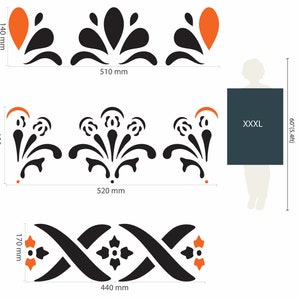 May include: Three black and orange decorative stencils with floral designs. The stencils are 140 mm, 190 mm, and 170 mm tall. The largest stencil is 510 mm wide, the middle stencil is 520 mm wide, and the smallest stencil is 440 mm wide.