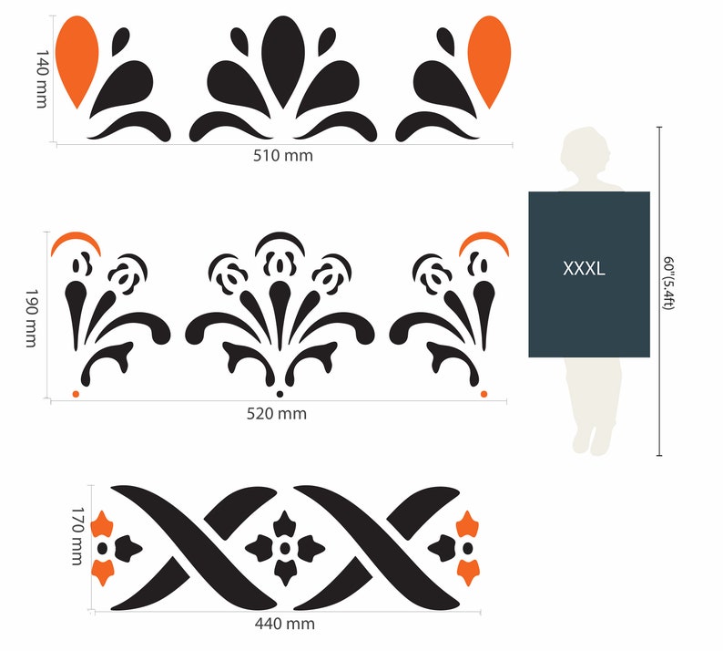 May include: Three black and orange decorative stencils with floral designs. The stencils are 140 mm, 190 mm, and 170 mm tall. The largest stencil is 510 mm wide, the middle stencil is 520 mm wide, and the smallest stencil is 440 mm wide.