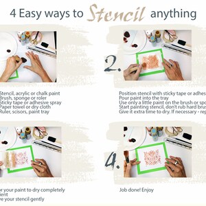 May include: Four steps for stenciling with acrylic or chalk paint. The steps are: 1. Load the brush with paint. 2. Position the stencil. 3. Apply paint to the stencil. 4. Remove the stencil after the paint dries.