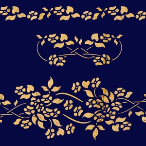 May include: A gold floral design on a dark blue background. The design features intricate details of leaves and flowers.