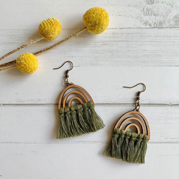 Wooden macrame earrings. Lightweight laser cut wood rainbows. Macrame fringe.