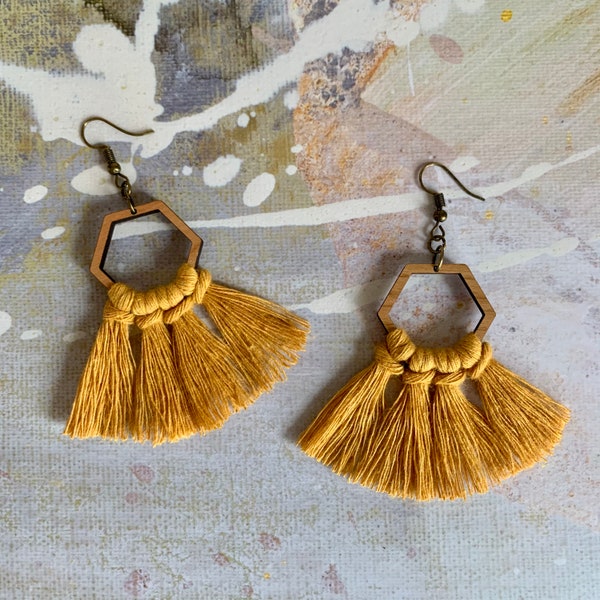 Wooden macrame earrings. Lightweight laser cut wood hexagons. Macrame fringe.