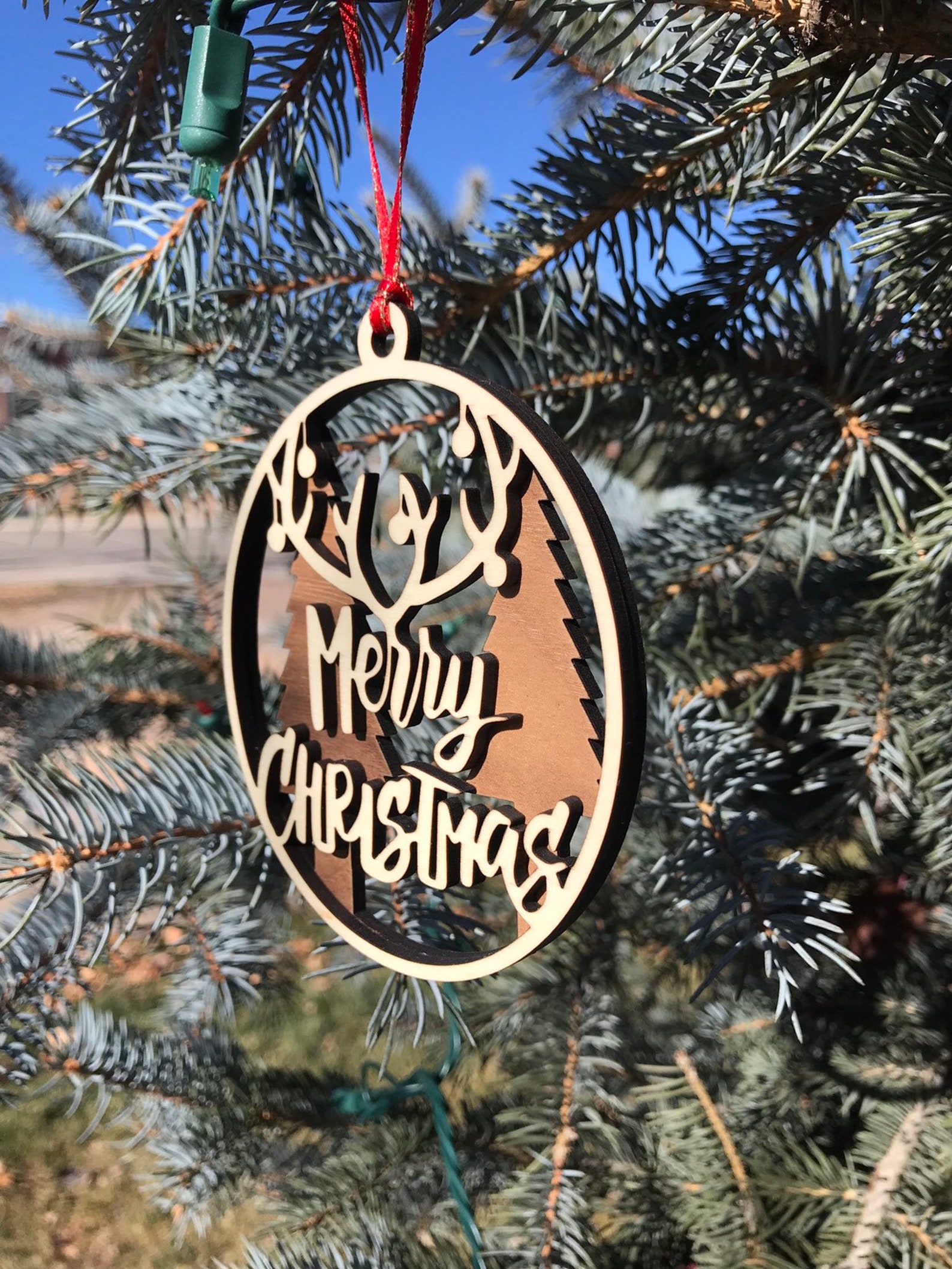 Laser Cut Wood Merry Christmas Antler Double Layer Ornament Etsy
