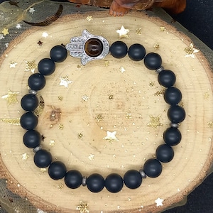 Black onyx & tigers eye Hamza hand stretch healing crystal  bracelet Fathers day gift