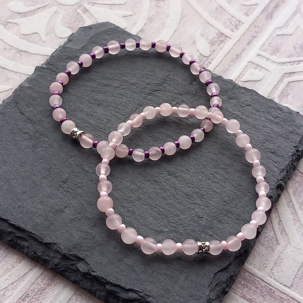 Rose quartz & pearlised glass beads crystal healing stretch bracelet Heart chakra Love Friendship