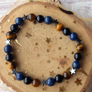 Black onyx, Tigers eye, Lapis lazuli & Hematite crystal healing elasticated bracelet, fathers day gift