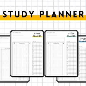 May include: Three black and white study planner pages with a grid layout. Each page has a section for "To Do List" and a larger section for "Study Time". The top of each page has a space for the year, month, and day. The title "STUDY PLANNER" is at the top of each page.
