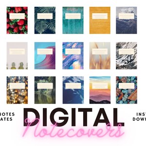 May include: A set of 18 digital note covers featuring various nature-inspired designs, including strawberries, palm leaves, ocean waves, mountains, and more. The covers are designed for GoodNotes and are available for instant download.