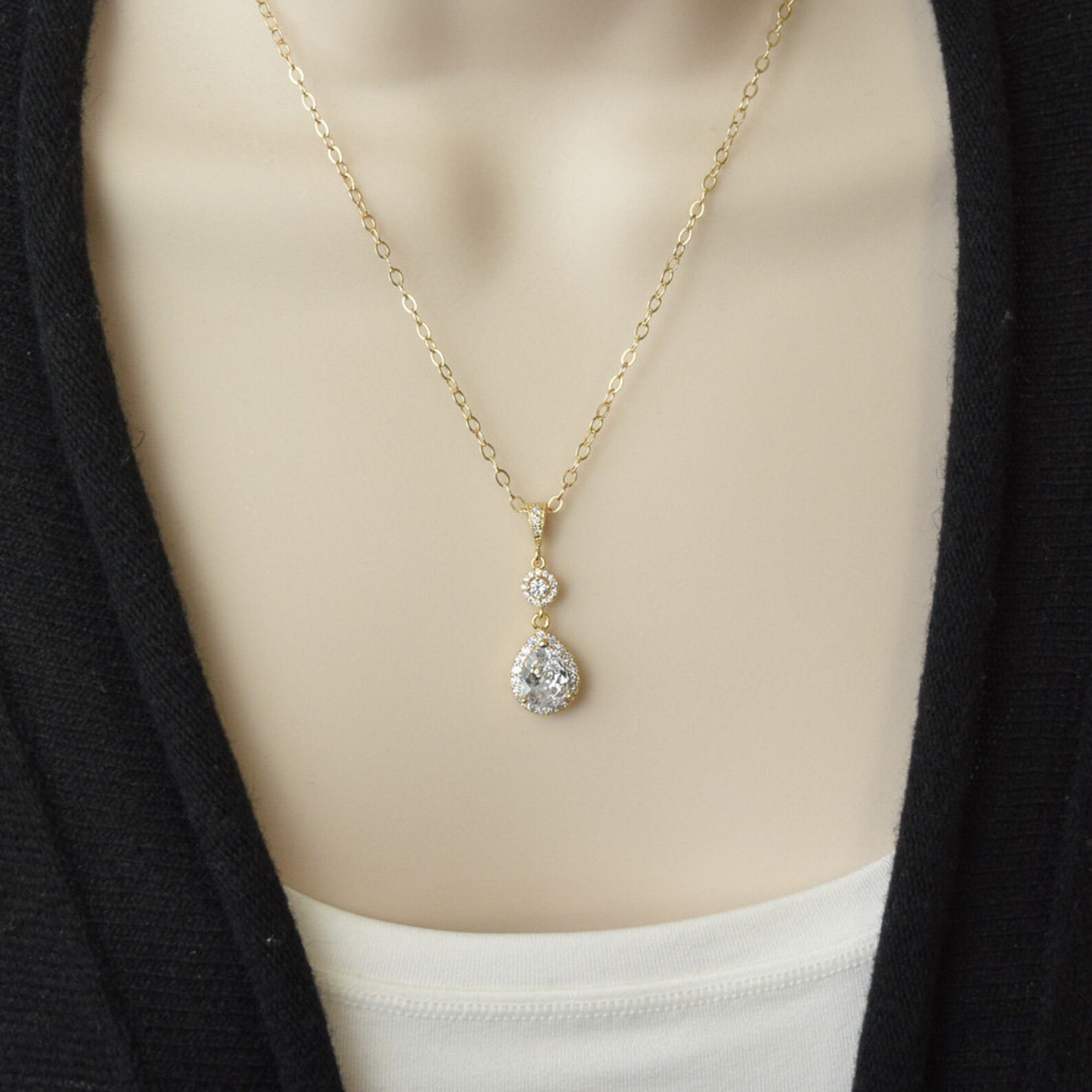 Teardrop Bridal Necklace Gold Crystal Wedding Jewelry for Etsy