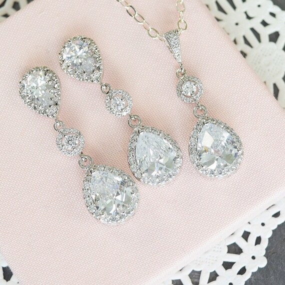 Statement Bridal Earrings and Necklace Set Long Crystal Wedding Jewelry Set CZ Bridal Jewelry Teardrop Crystal Wedding Necklace Earrings