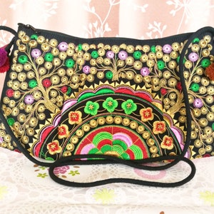 Thai crossbody bag, Hill Tribe Bag, Pom Pom Hmong Bag, Embroidered Ethnic Purse, Women Hippie Bag. Clutch Sling Bag,