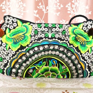 Thai crossbody bag, Hill Tribe Bag, Pom Pom Hmong Bag, Embroidered Ethnic Purse, Women Hippie Bag. Clutch Sling Bag,