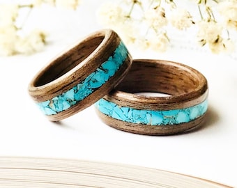 Walnut and turquoise ring SET of 2, Turquoise and walnut ring, wooden ring, engagement rings, december stone, anniversary gift, turquoise