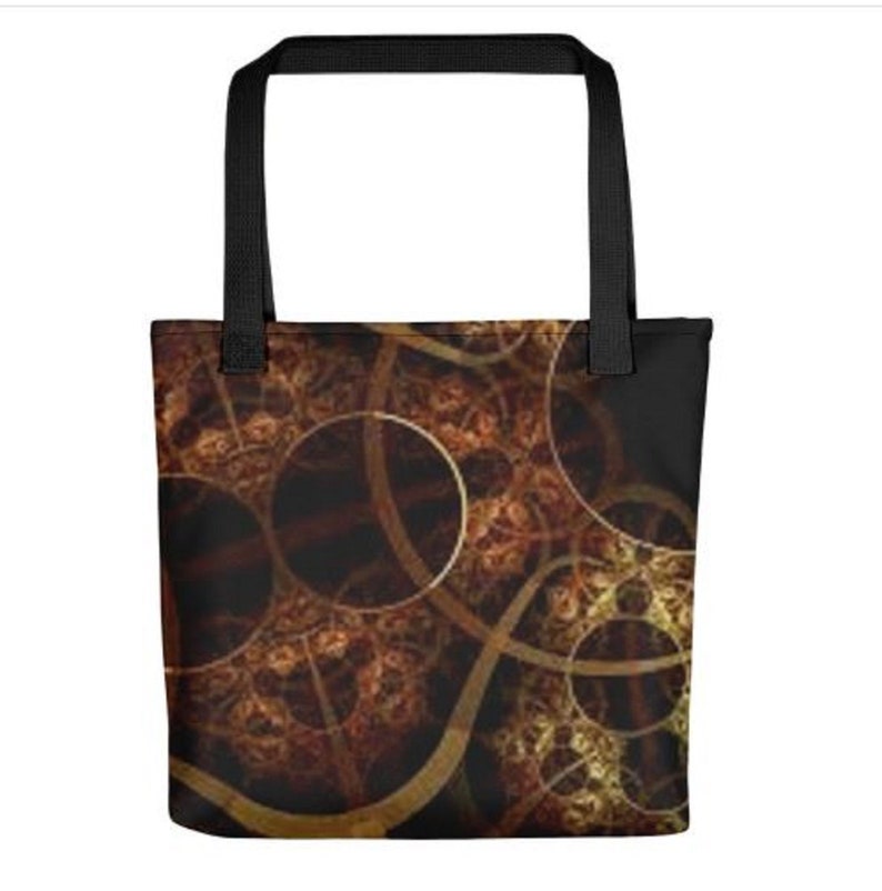 Black 15 x 15 Bronze Gold Steampunk Image of Worn Metal Gears Tote Bag All Over Design
