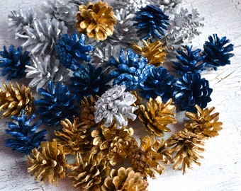 Set of 48 Pine Cones  colour mix (blue,silver,gold 16 unit each)2-3inch  100% Organic Natural Wedding,Crafts,Christmas and Home Decor