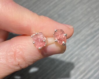 Rough Pink Tourmaline Stud Earrings