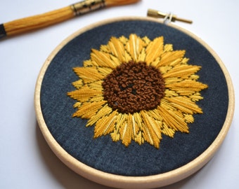 Hand embroidered sunflower embroidery hoop.