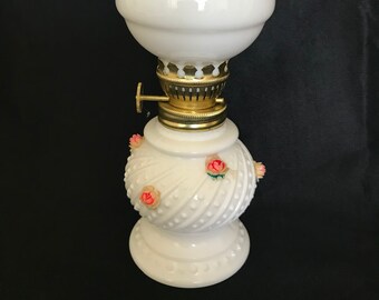 White hobnail milk glass miniature oil lamp