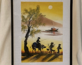 Vietnam silk painting traditional village scene - signed