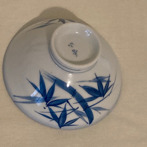 Japanese fine porcelain footed rice bowl white with blue bamboo