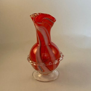 Italian blown art glass vase red orange swirls with applied ruffle