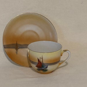 Noritake handbemalte feine Porzellan Tasse und Untertasse Sonnenuntergang See Set