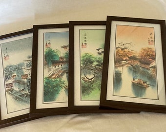 Chinese original watercolour &#39;Four Seasons&#39; four art panels featuring a stone bridge over water and village scene