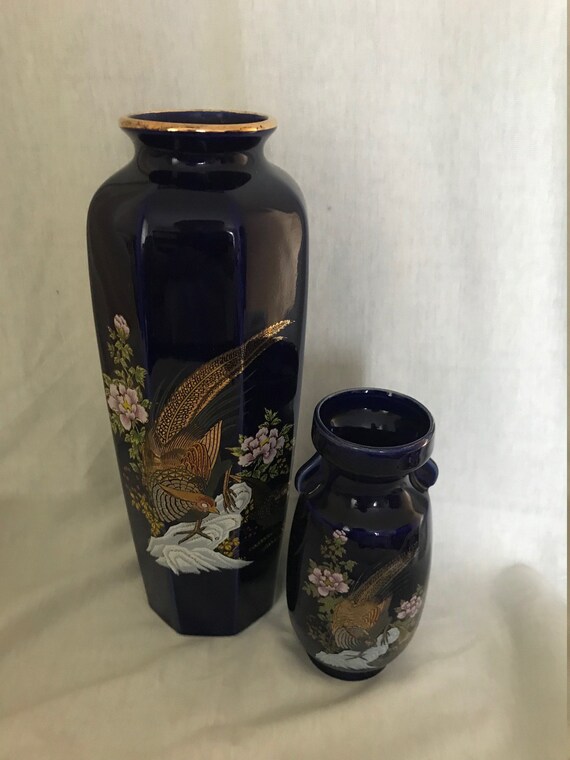 Vintage cobalt blue Japanese peacock vases Etsy
