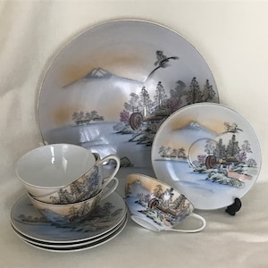 Antique Japanese hand painted Kutani porcelain tea set - 4 cups and saucers and one large plate