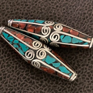 Tibetan Lima beads with turquoise blue and red inlay